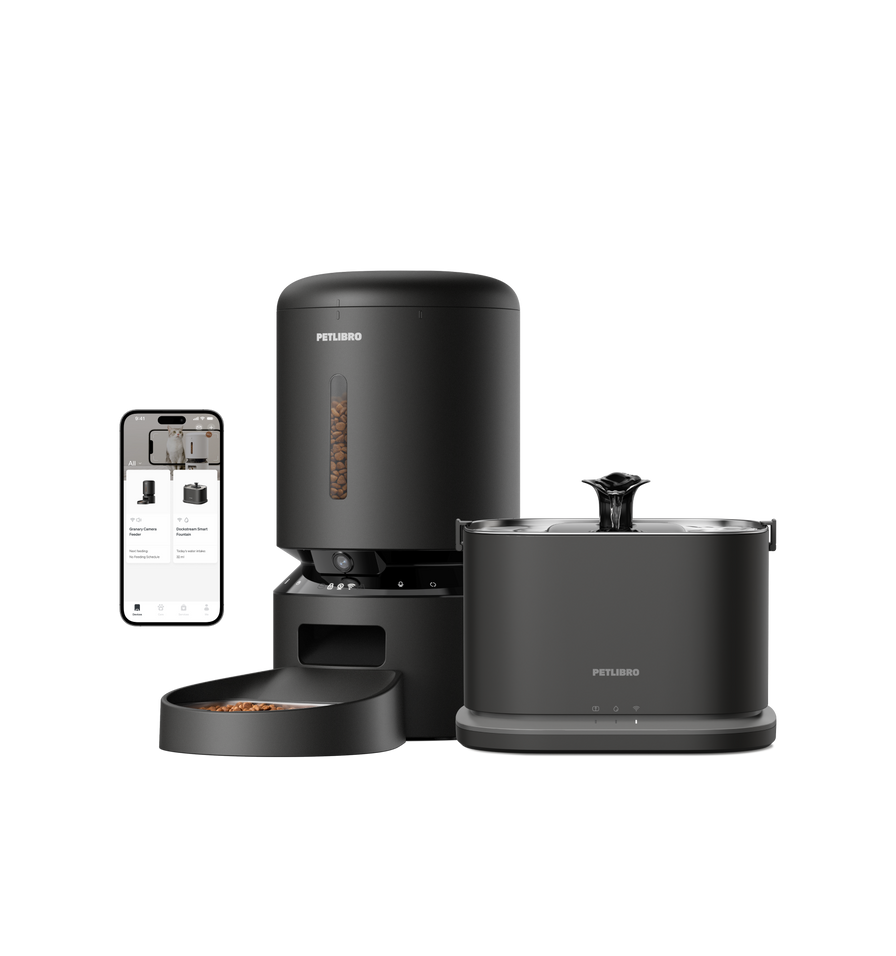 The bundle1111 features a black automatic pet feeder, a matching water fountain, and a smartphone with the control app, all displayed against a white background.