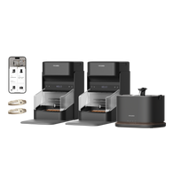Petlibro PETLIBRO pet litter box set with black cat feeders, water fountain, and app control screen on black background