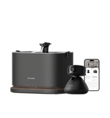 Petlibro PETLIBRO pet fountain for cat, dark gray water dispenser with flowing spout, shown with smart camera and app screen