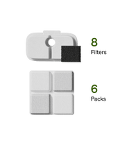 Petlibro water fountain filters, 8 white rectangular filters and 6 packs, shown on a green background.