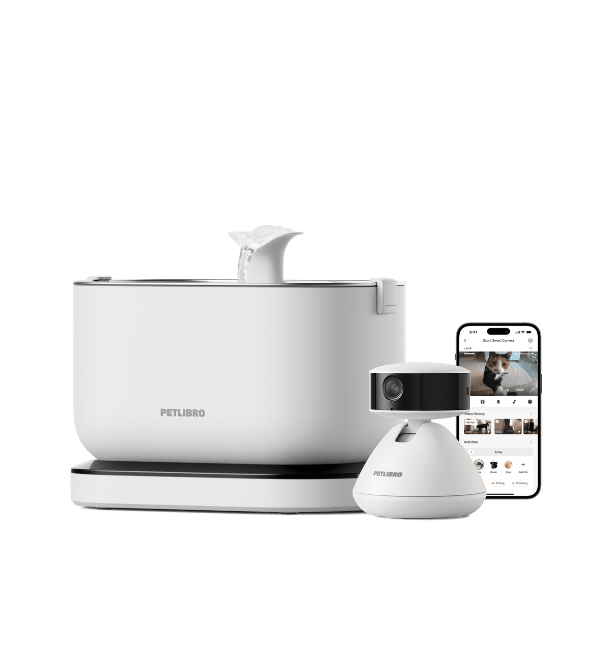 Petlibro litter box self cleaning self clean with odor control, white unit with water spout, camera and app screen display