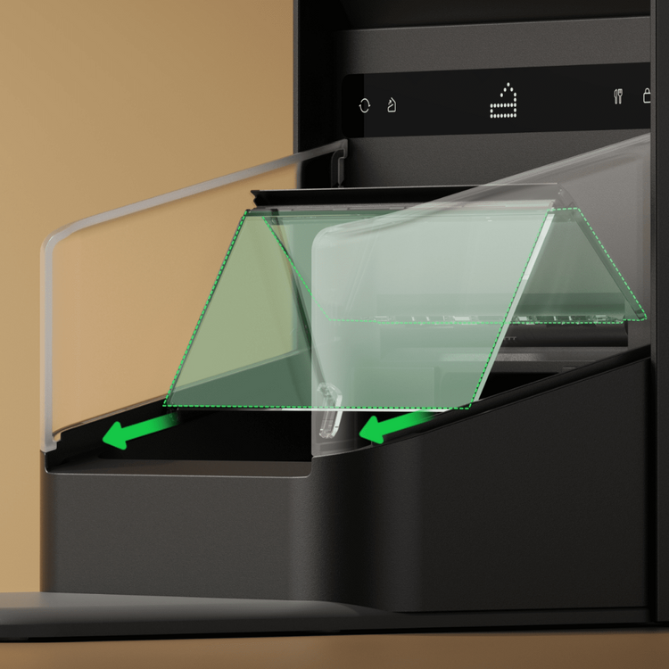 Petlibro black automatic pet feeder with transparent lid and digital control panel showing food dispensing mechanism