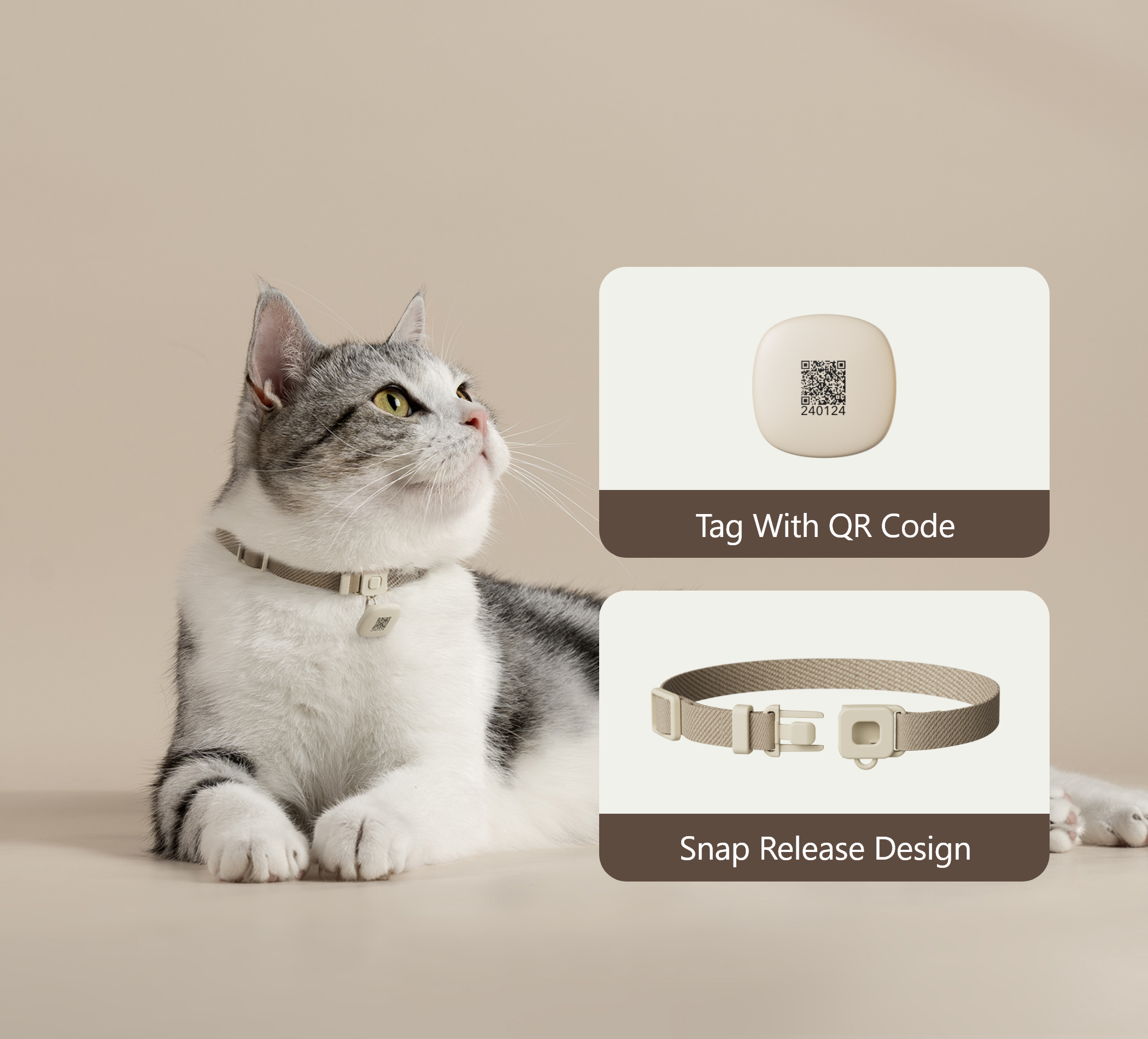Petlibro beige cat collar with QR code tag and snap release design shown on a gray and white cat