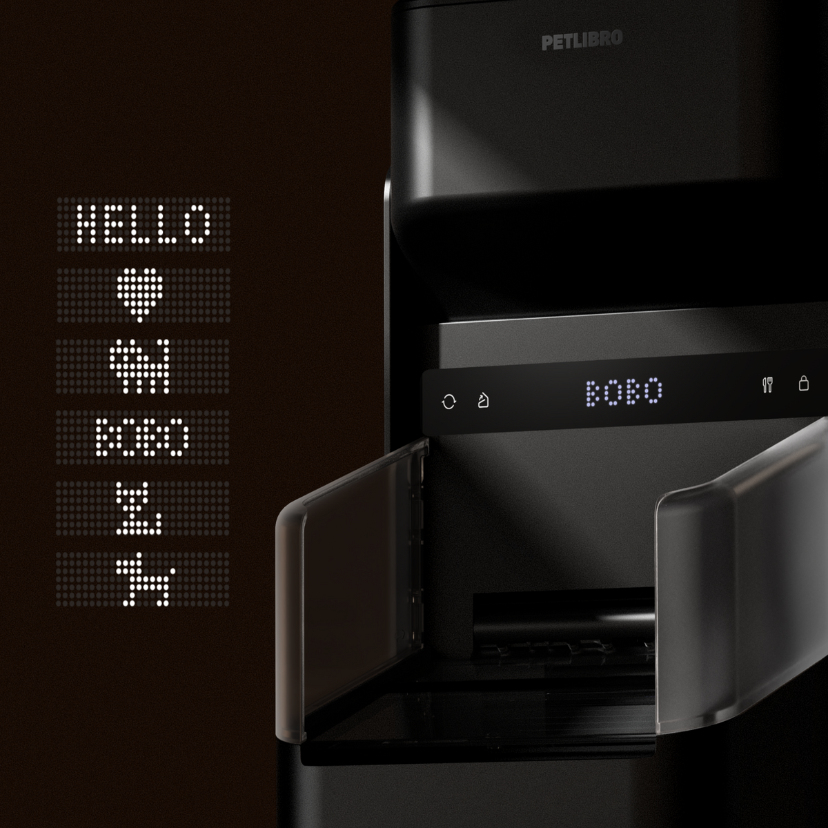 Petlibro black automatic pet feeder with digital LED display and open feeding tray