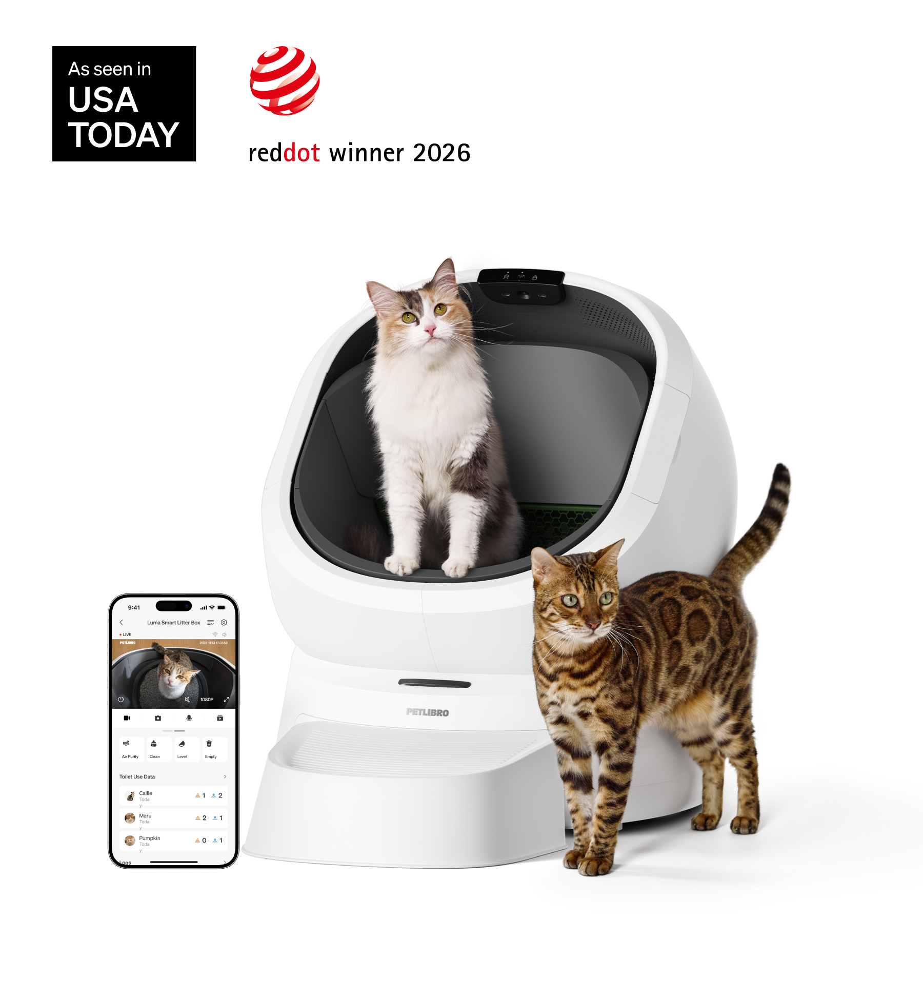 Petlibro Petlibro Luma odor control luma smart litter box, white automatic self cleaning cat litter box with cats and app screen