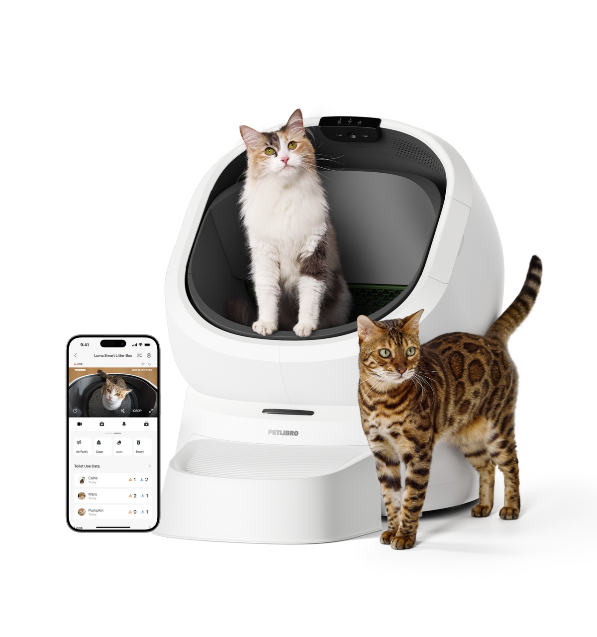 Petlibro PETLIBRO Luma smart litter box, self cleaning cat litter box with odor control; cat inside, app screen shown