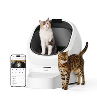 Petlibro PETLIBRO pet litter box, white smart unit with open dome, cat inside, Bengal cat beside, app screen shown