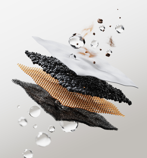 Petlibro PETLIBRO pet litter box filter layers with black carbon, white fabric, and gold mesh, shown with water droplets