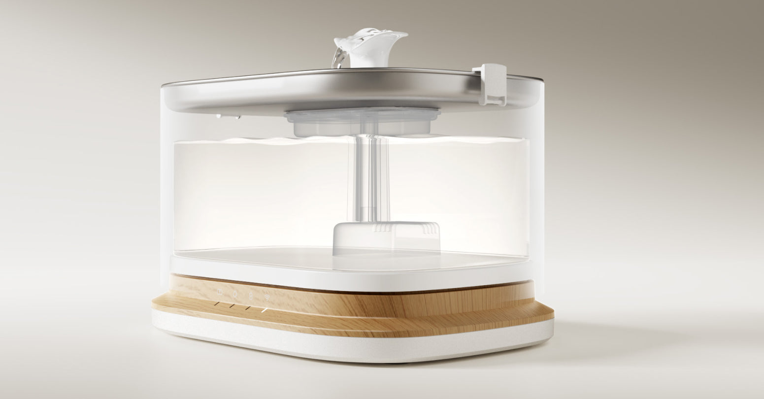 Petlibro PETLIBRO pet water fountain, clear tank with white lid and wood-look base, not a litter box product photo