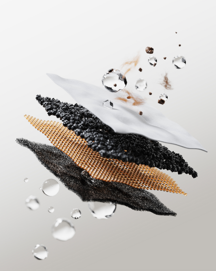 Petlibro PETLIBRO pet fountain cat filter layers with black carbon, gold mesh, and water droplets on white background