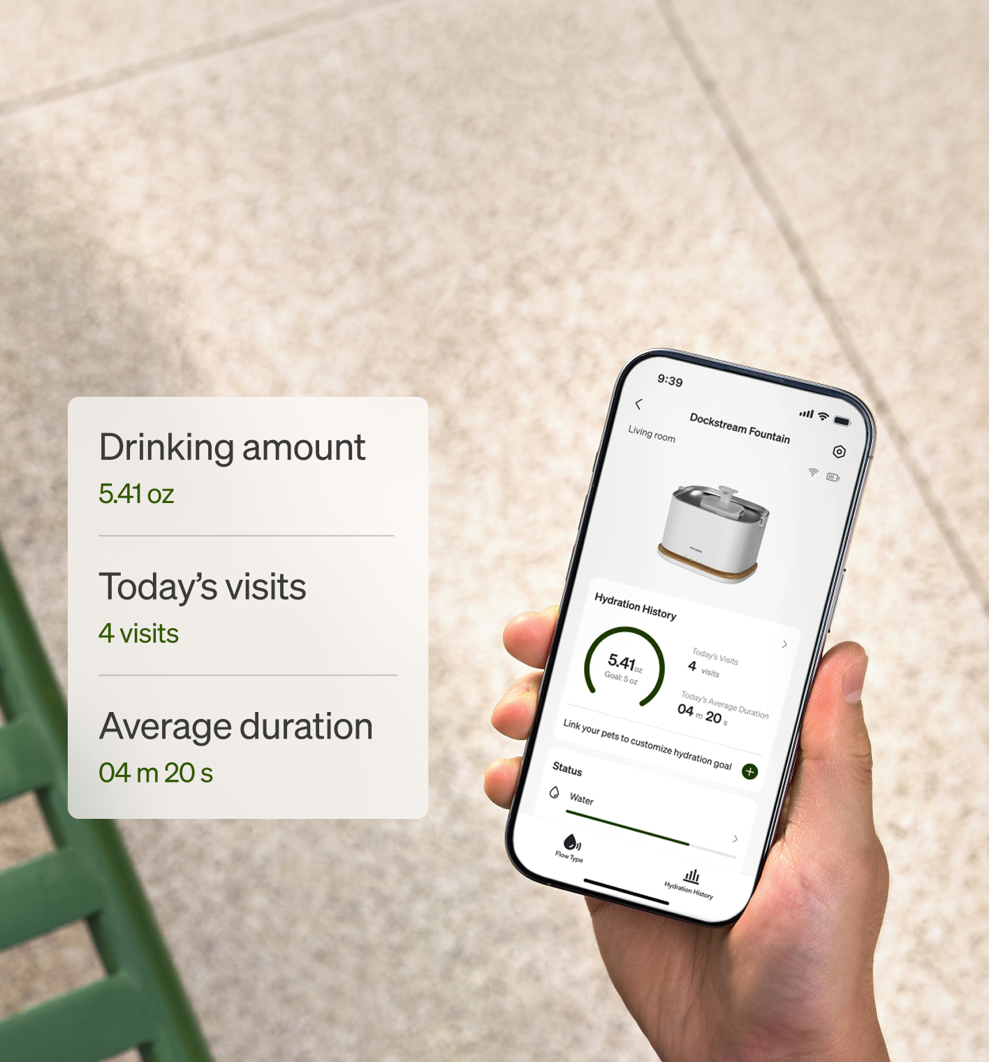 Petlibro PETLIBRO pet fountain app on phone tracking cat drinking amount, visits, and average duration in hydration history screen
