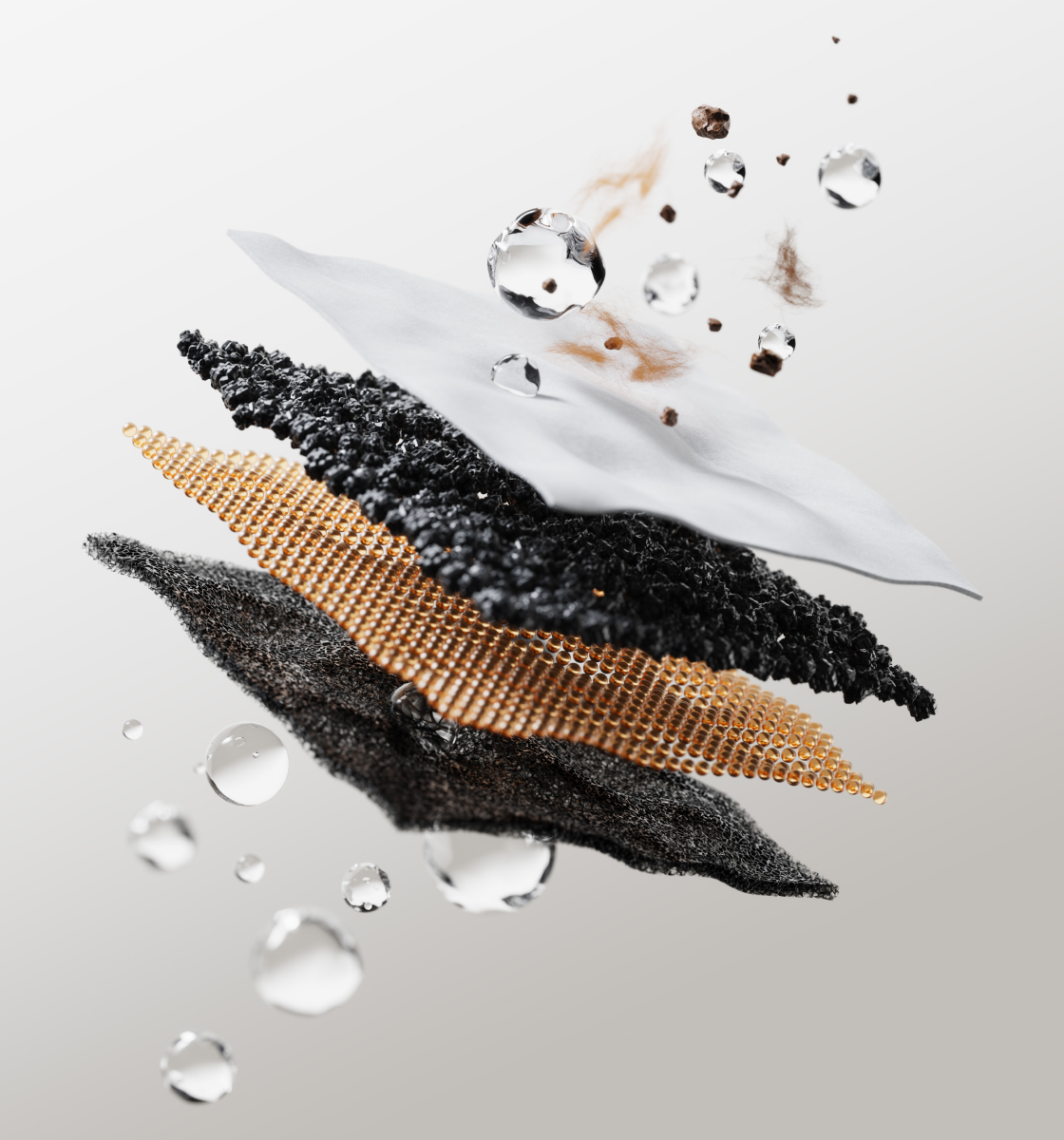 Petlibro PETLIBRO pet fountain cat filter layers with mesh, carbon and resin beads, showing water droplets and trapped hair debris