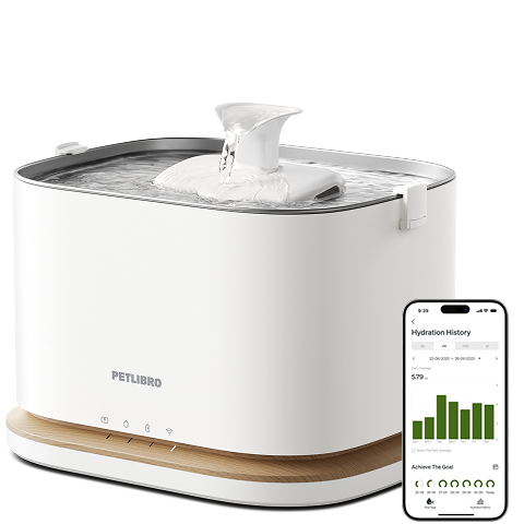 Petlibro PETLIBRO pet water fountain with flowing spout, white and wood base, app screen; not a cat litter box