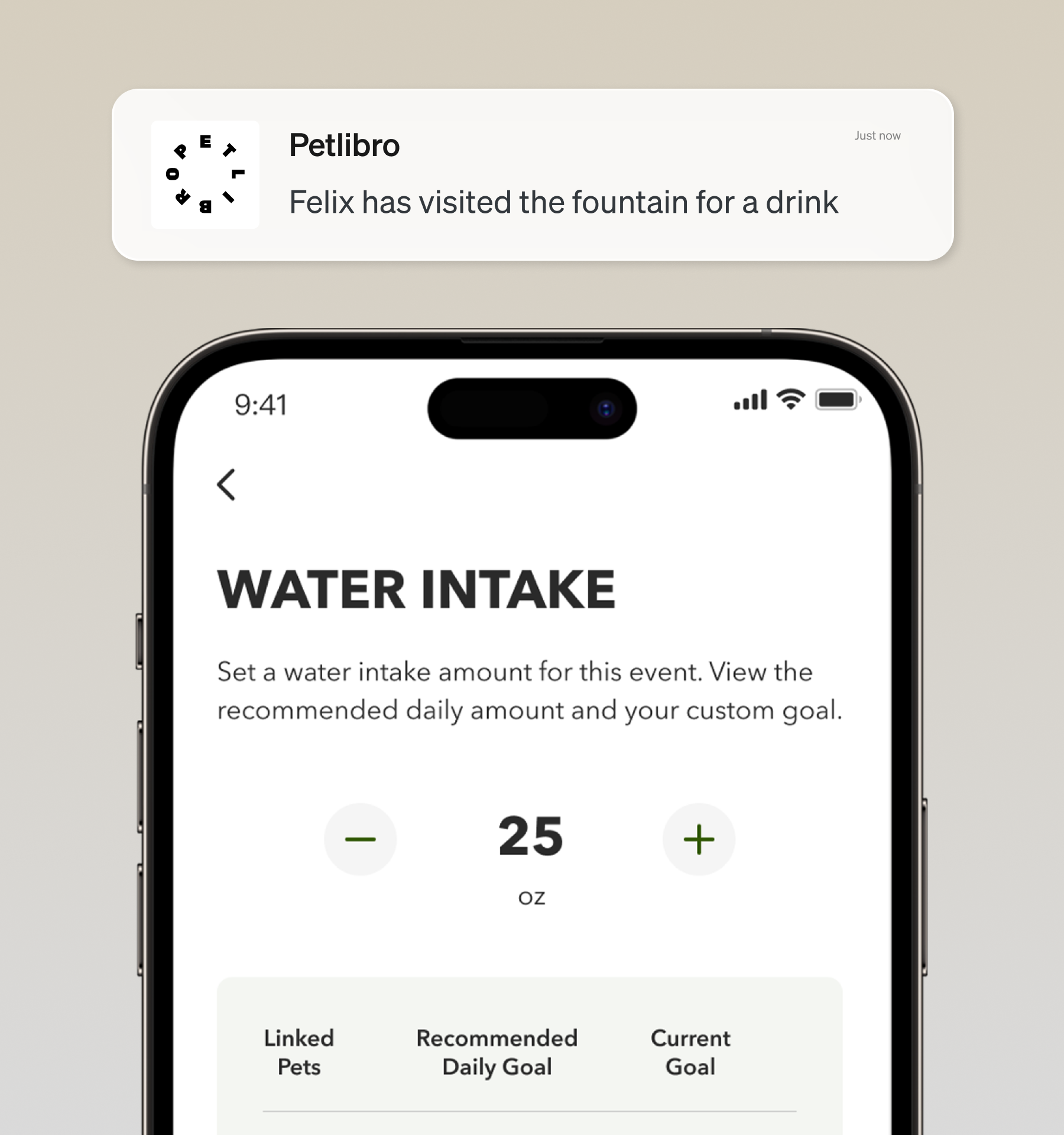 Petlibro mobile app screen showing water intake tracking with adjustable ounces and pet hydration notification