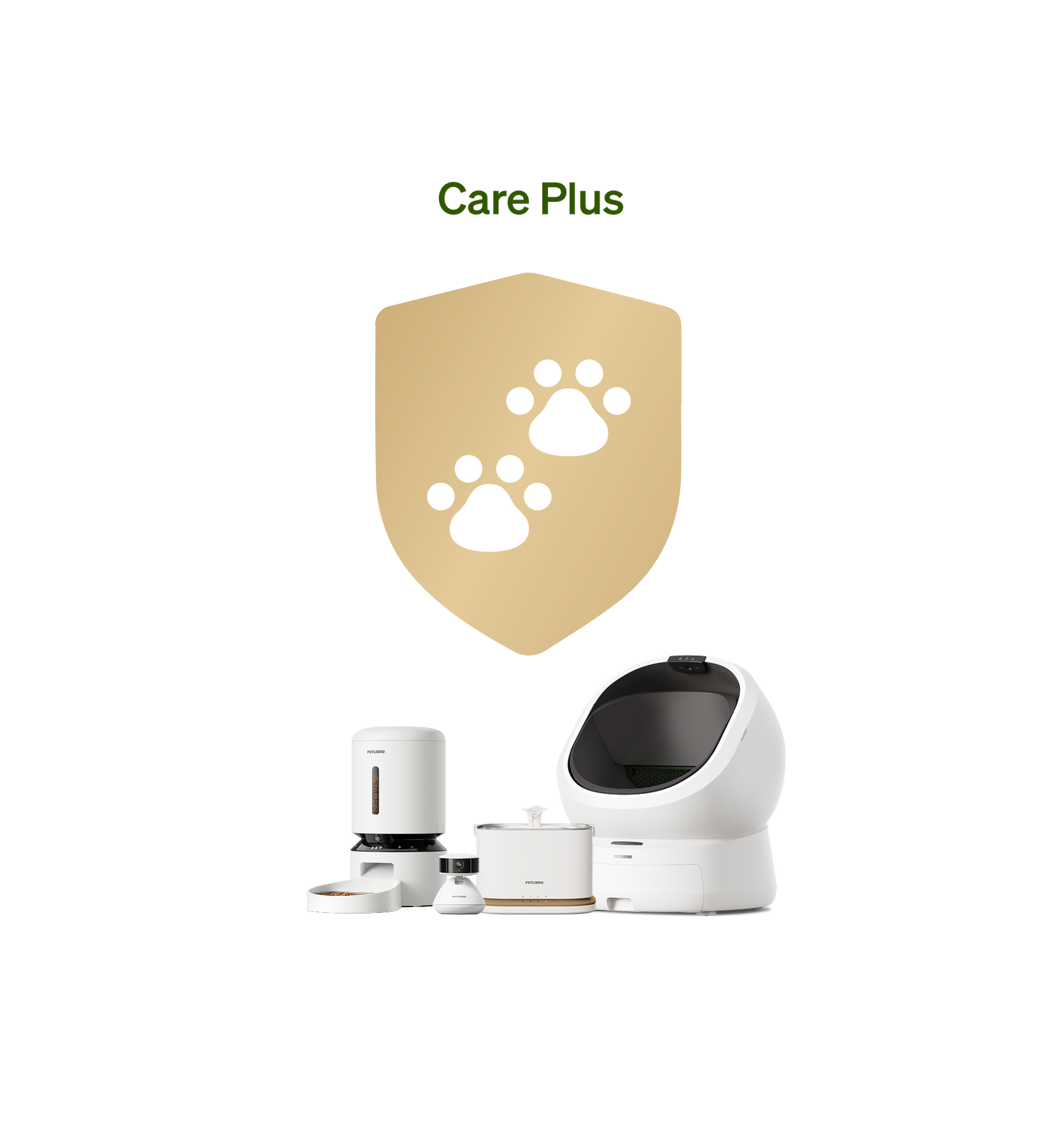 Petlibro pet care set including white automatic feeder, water fountain, smart camera, and self-cleaning litter box with Care Plus badge