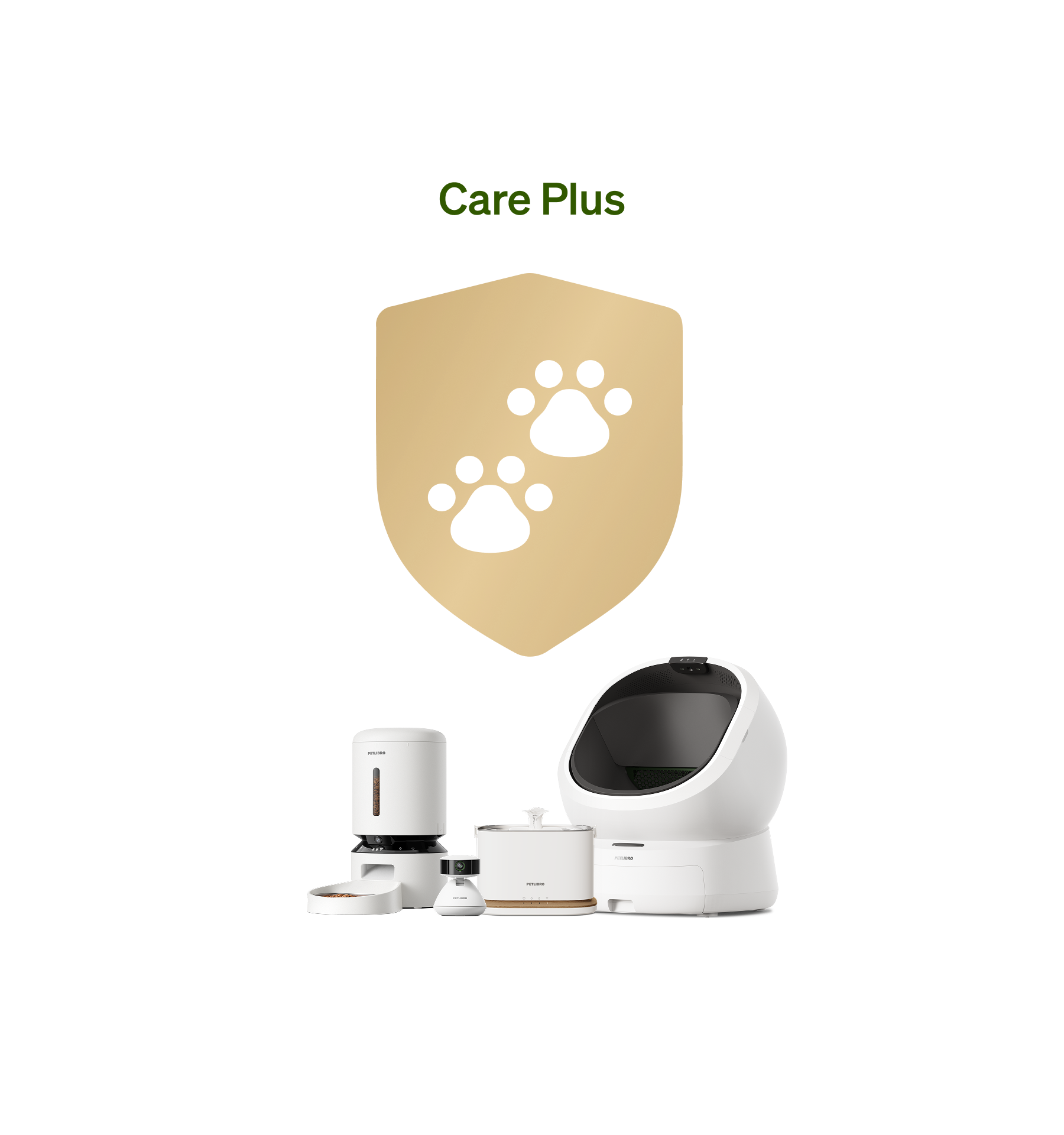 Petlibro pet care set including white automatic feeder, water fountain, smart camera, and self-cleaning litter box with Care Plus badge