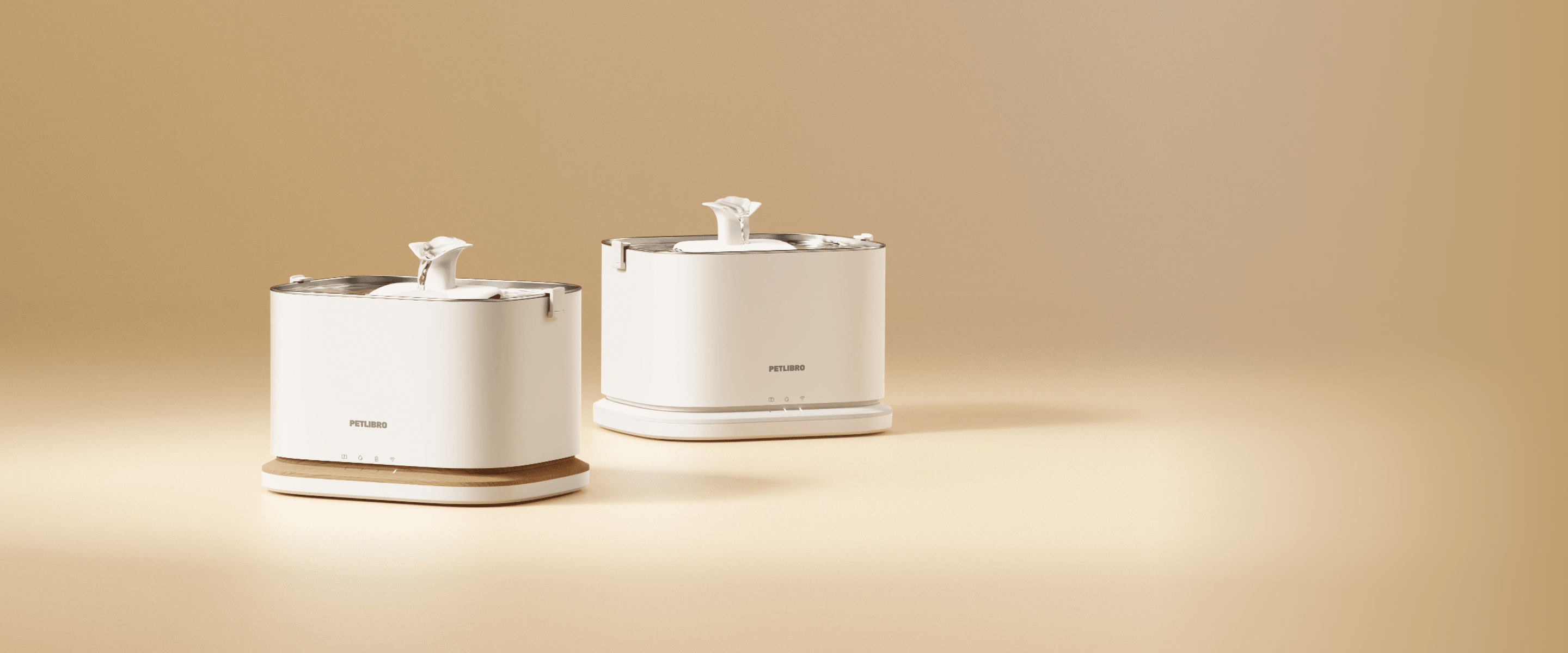 Petlibro automatic pet water fountains in white with stainless steel tops and flower-shaped spouts on beige background