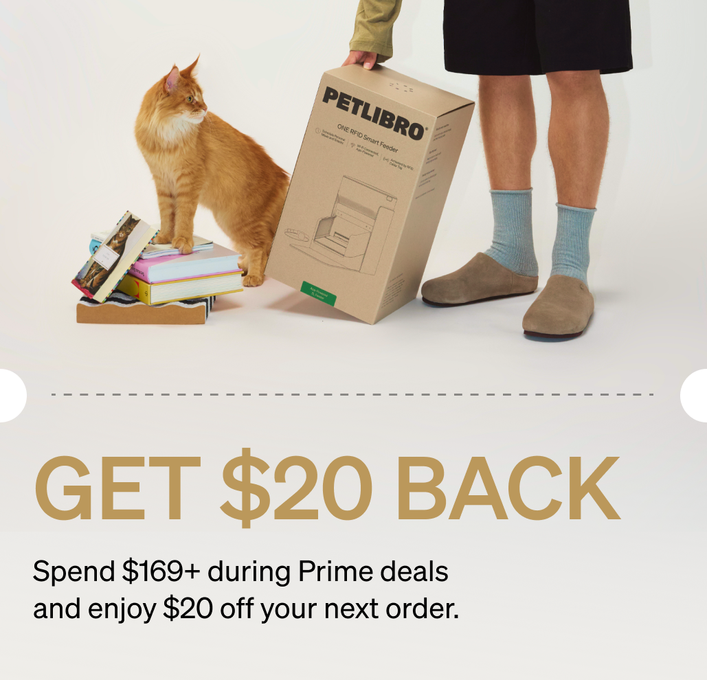 Petlibro promo banner with orange cat and Petlibro RFID smart feeder box; “Get $20 back” Prime deal, Blog Guide Comparison PDP