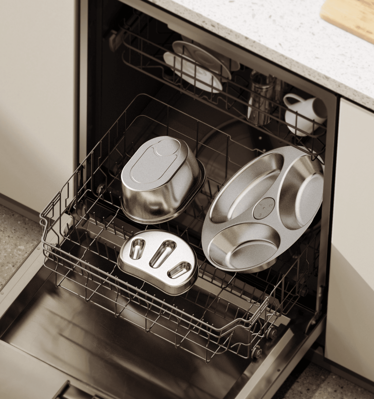 Petlibro stainless steel pet feeding bowls in dishwasher on kitchen floor with white countertop and cabinets