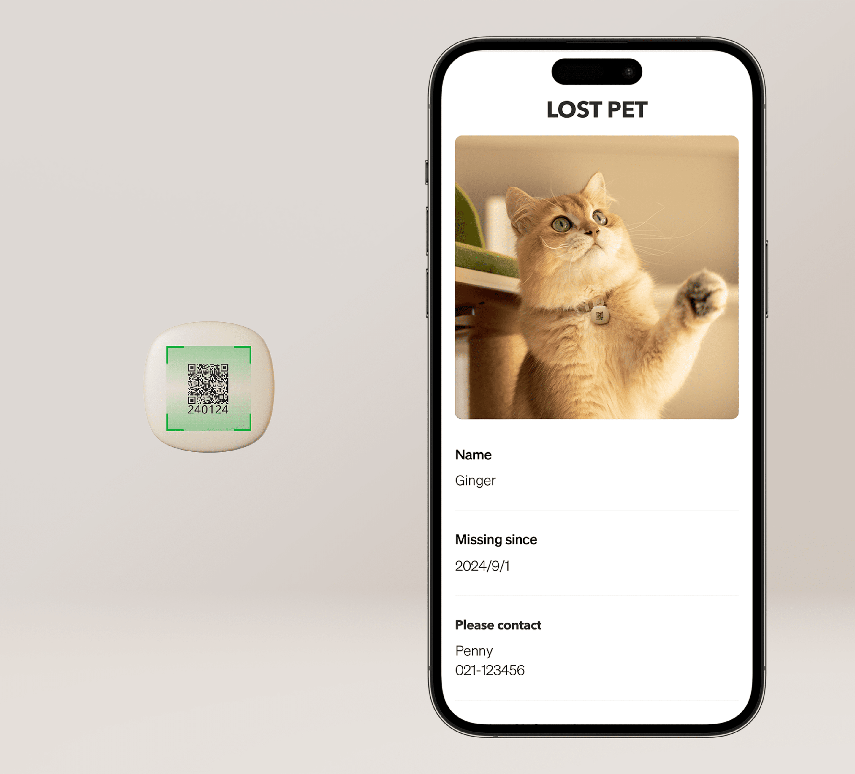 Petlibro PETLIBRO pet fountain for cat, shown with QR code tag and lost pet profile on smartphone screen