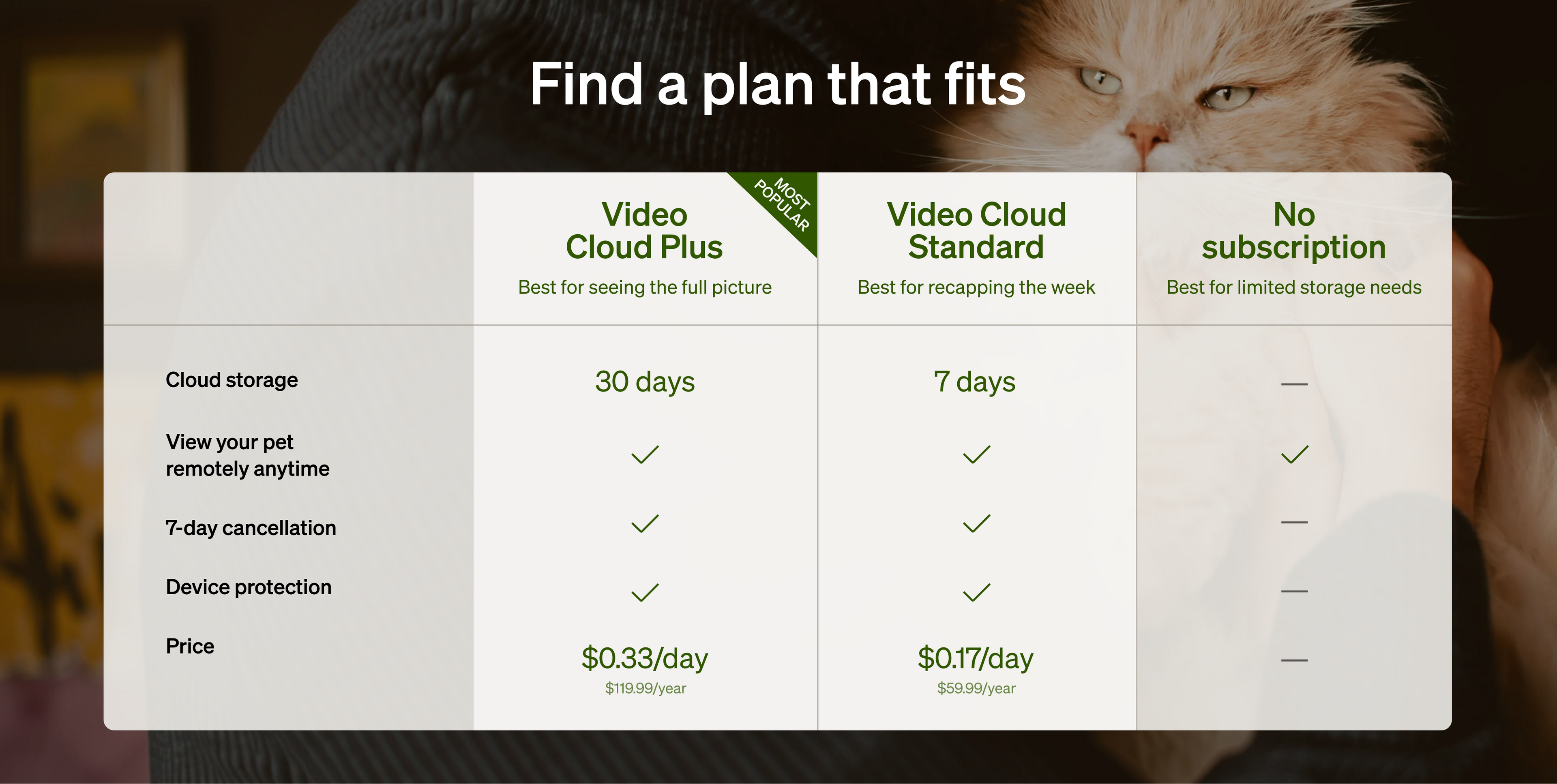 Petlibro subscription plan comparison chart showing Video Cloud Plus, Video Cloud Standard, and No subscription options with features and pricing.