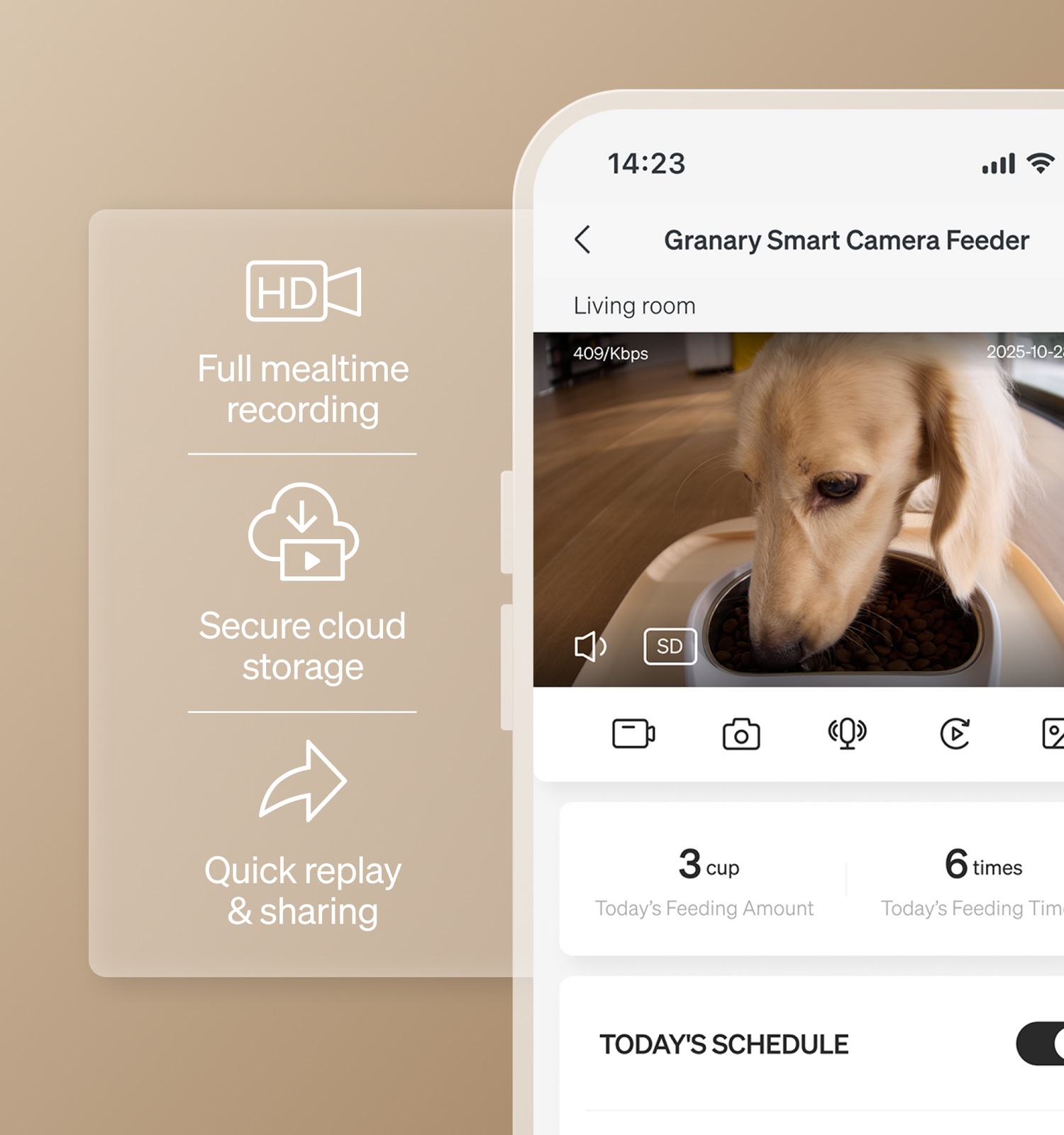 Petlibro app interface showing smart camera feeder live video of a dog eating with feeding schedule and cloud storage features