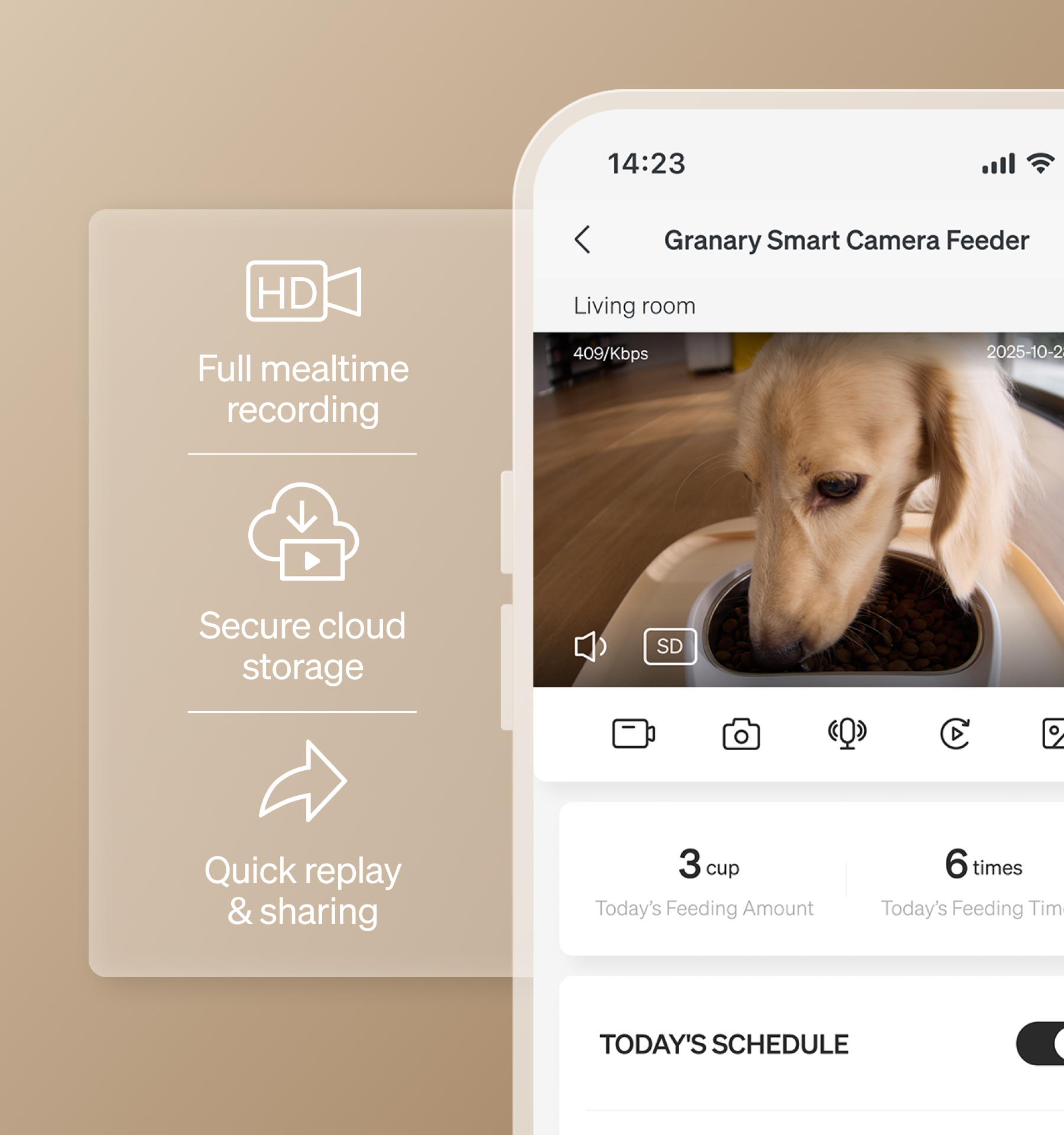 Petlibro app interface showing smart camera feeder live video of a dog eating with feeding schedule and cloud storage features