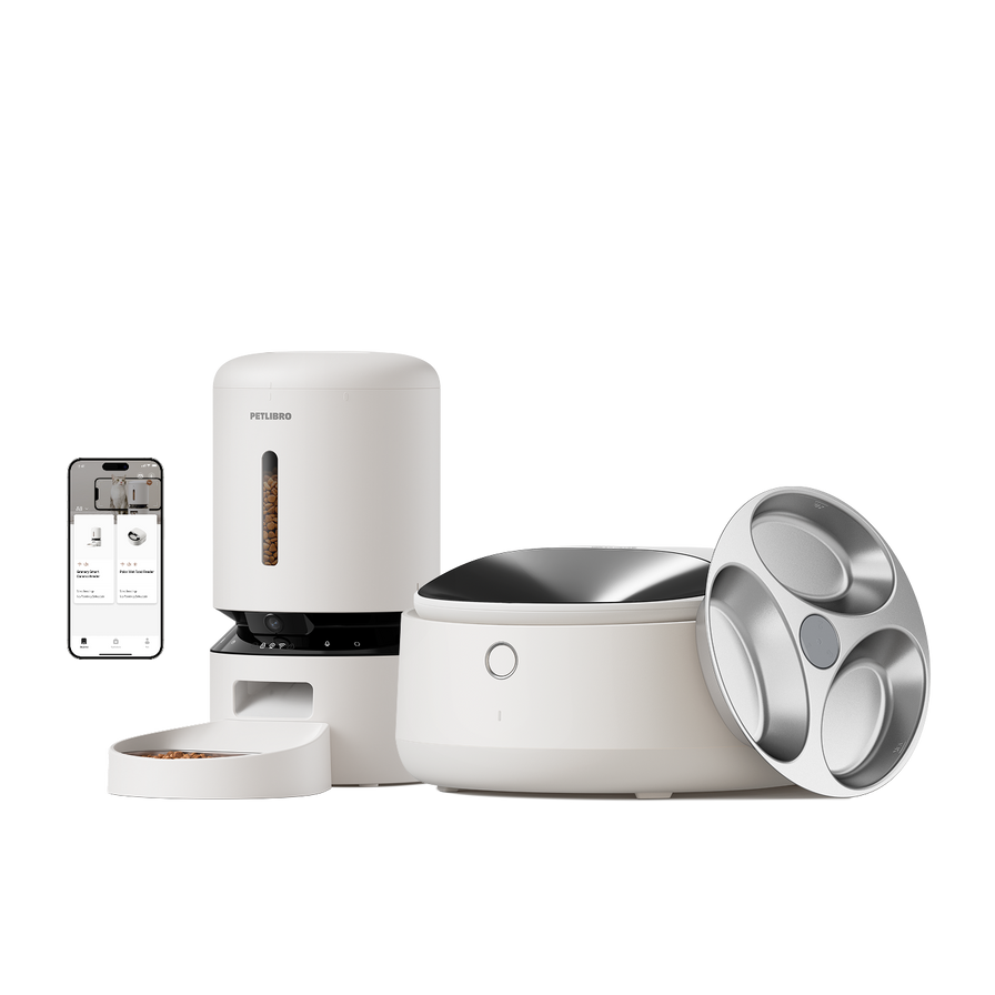 Petlibro PETLIBRO pet cat litter box and smart feeder set, white units with app screen and stainless steel bowl on black background