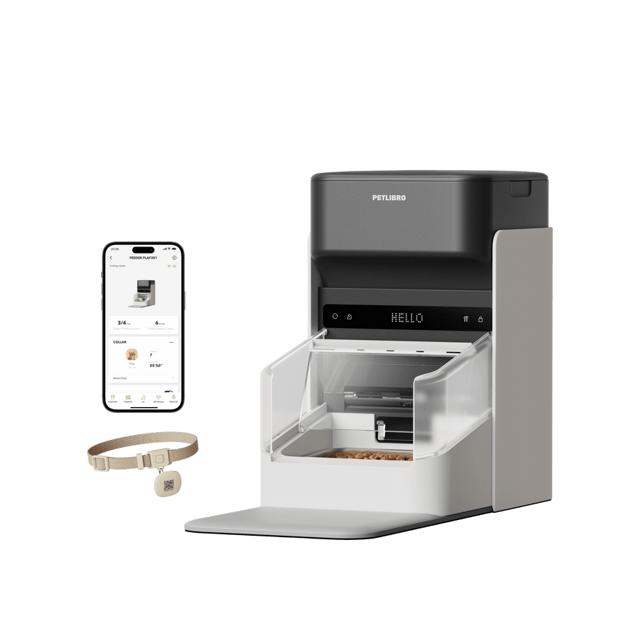 Petlibro smart automatic pet feeder in gray and white with app control and pet collar for personalized feeding