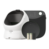 Petlibro automatic self-cleaning cat litter box in white with black interior, black litter mat, and accessories kit