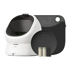 Petlibro automatic self-cleaning cat litter box in white with black interior, black litter mat, and accessories kit