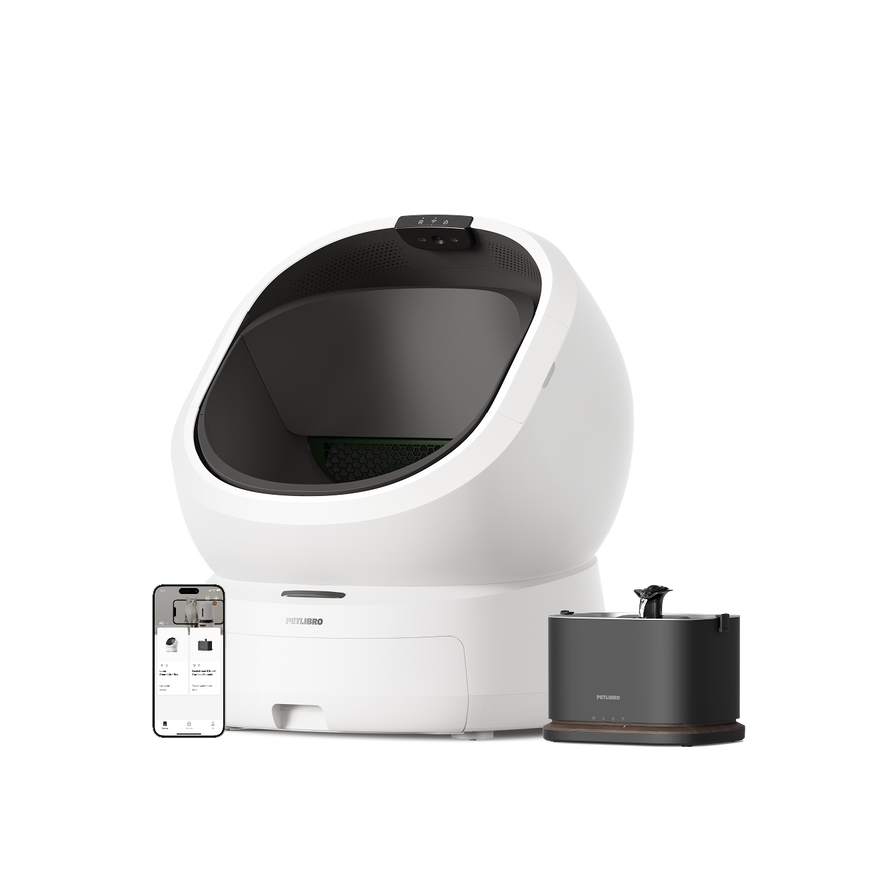 Petlibro PETLIBRO pet litter box, white automatic self-cleaning unit with app phone display and black water fountain set