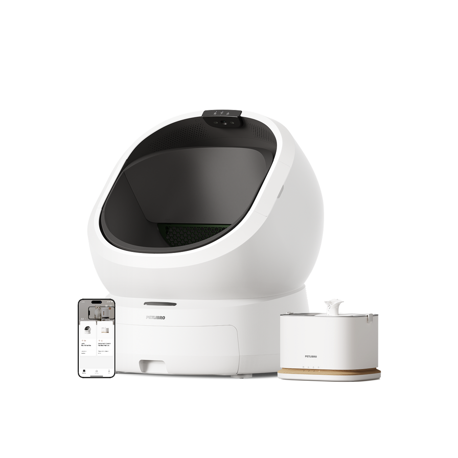 Petlibro PETLIBRO white automatic pet litter box with app phone display and matching water fountain on black background